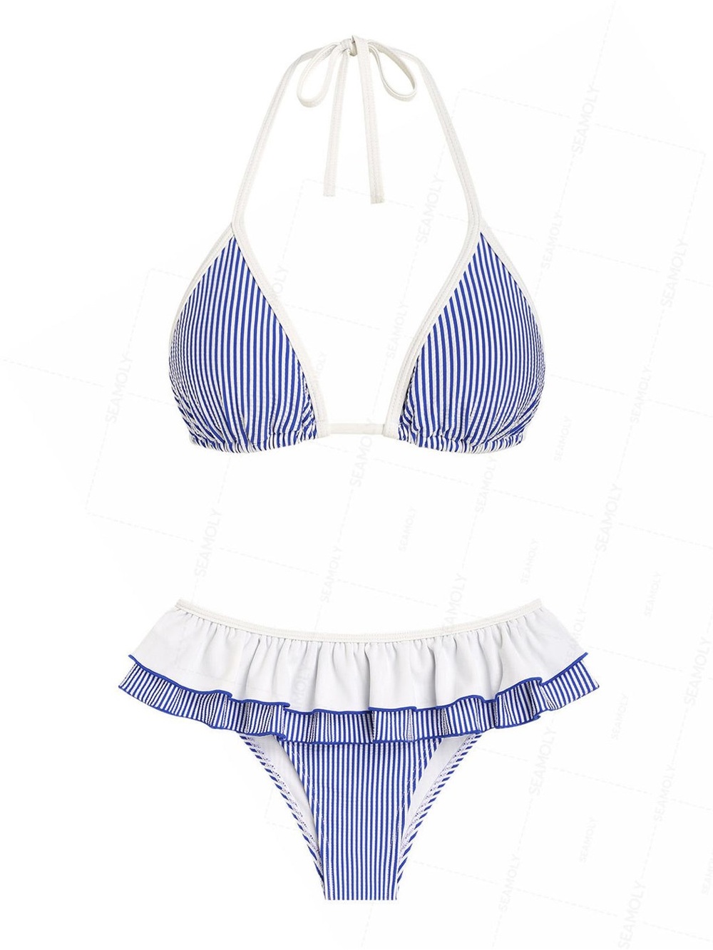 Sea Molly Blue White Contrast Striped Binding Peplum Ruffle Triangle Bikini Set